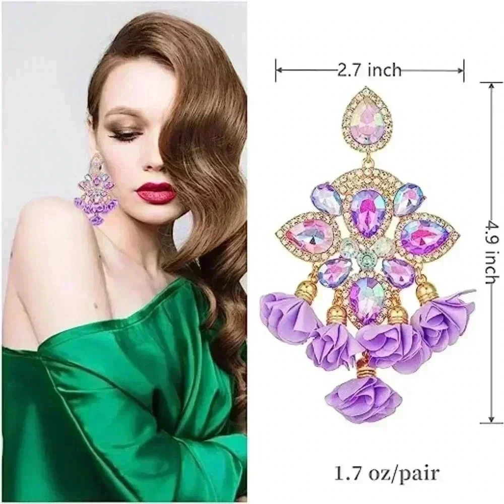 Large Crystal Earrings Flowers Tassel Handmade Geometric Rhinestones